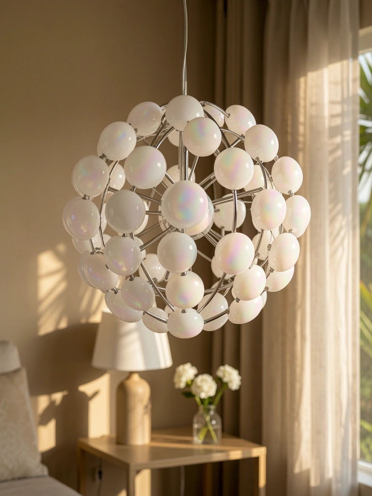 Lustre esférico com globos iridescentes pendurados em estrutura metálica, luz natural filtrada por cortina, mesa com vaso de flores brancas ao fundo.