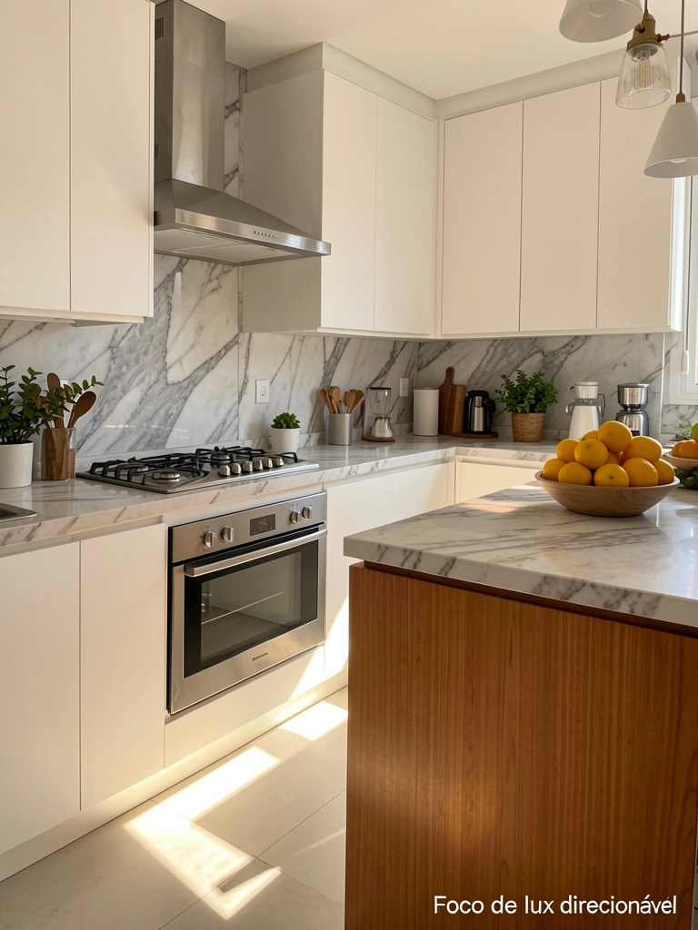 Bancada de mármore com tigela de limões, coifa de aço inoxidável e armários brancos, luz natural e fita de LED no piso.