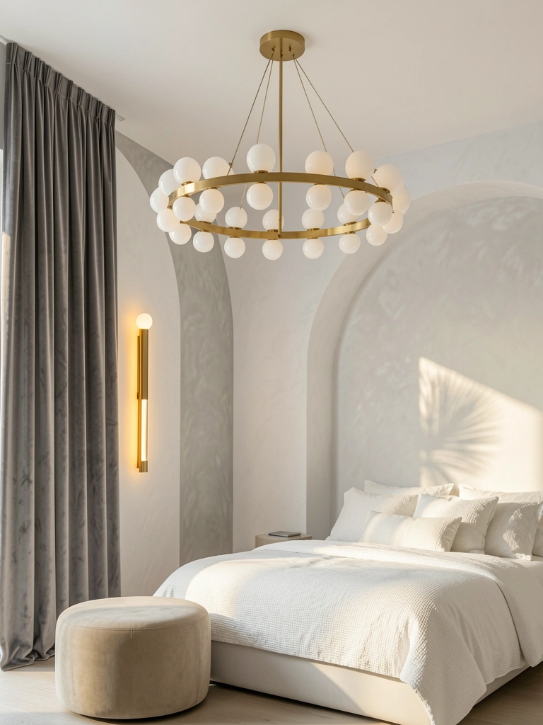 Lustre circular dourado com globos brancos sobre cama fofa e cortina cinza, luz natural entrando pela janela.