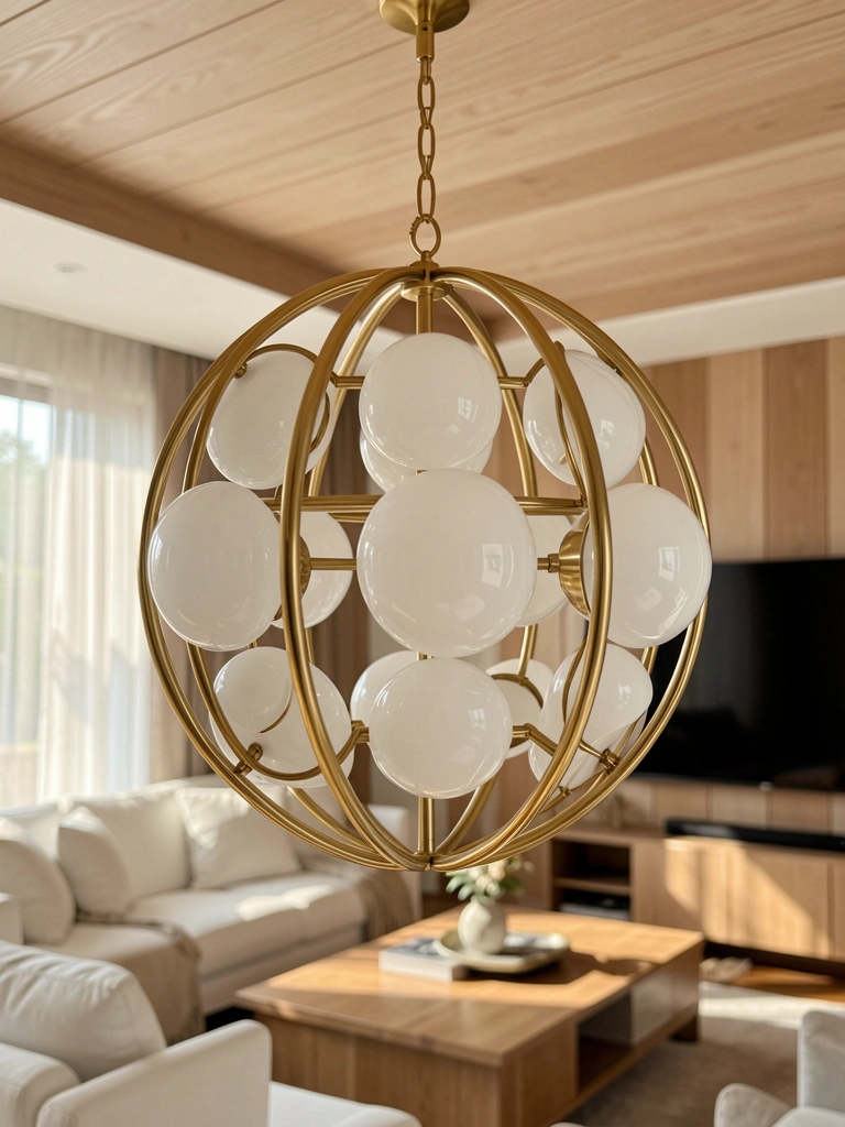 Lustre esférico dourado com globos de vidro translúcido suspenso por teto de madeira clara, sofá branco e TV ao fundo sob luz natural difusa.
