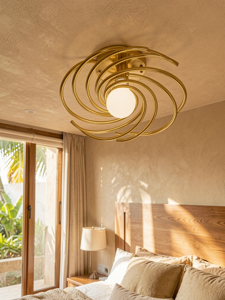 Lustre dourado moderno com design em espiral e lâmpada branca central, montado em parede bege texturizada, com cabeceira de madeira e janela ao fundo sob luz natural.