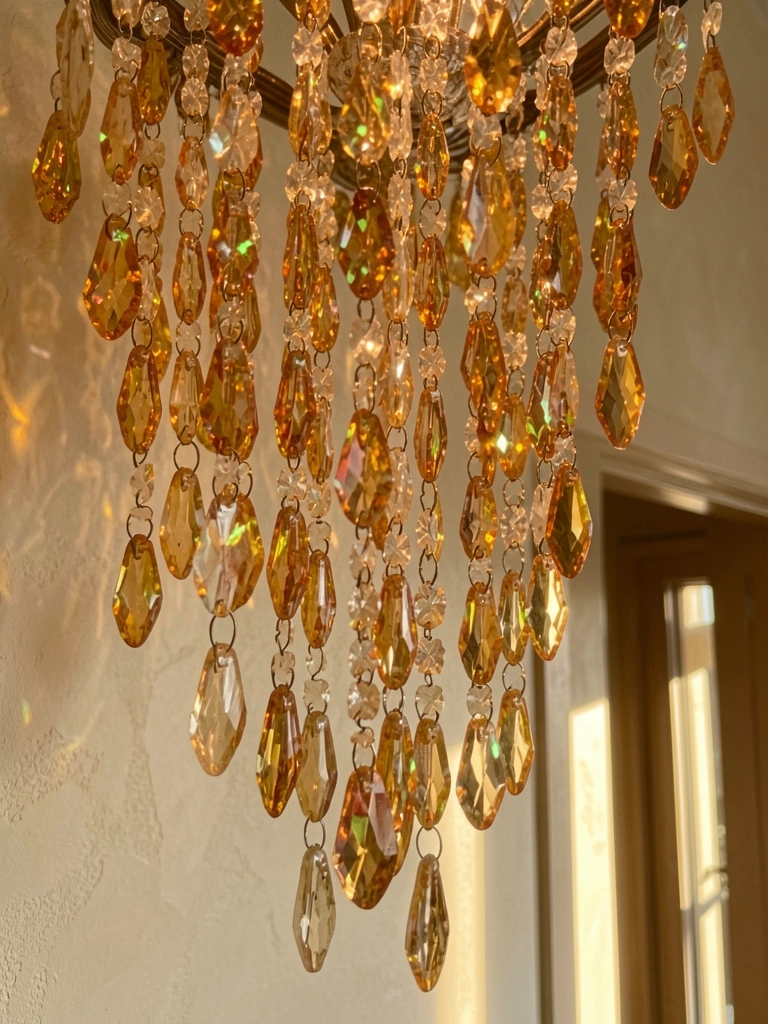 Lustre de cristal âmbar e dourado com pingentes em cascata, montado em parede texturizada bege; porta ao fundo iluminada por luz natural.