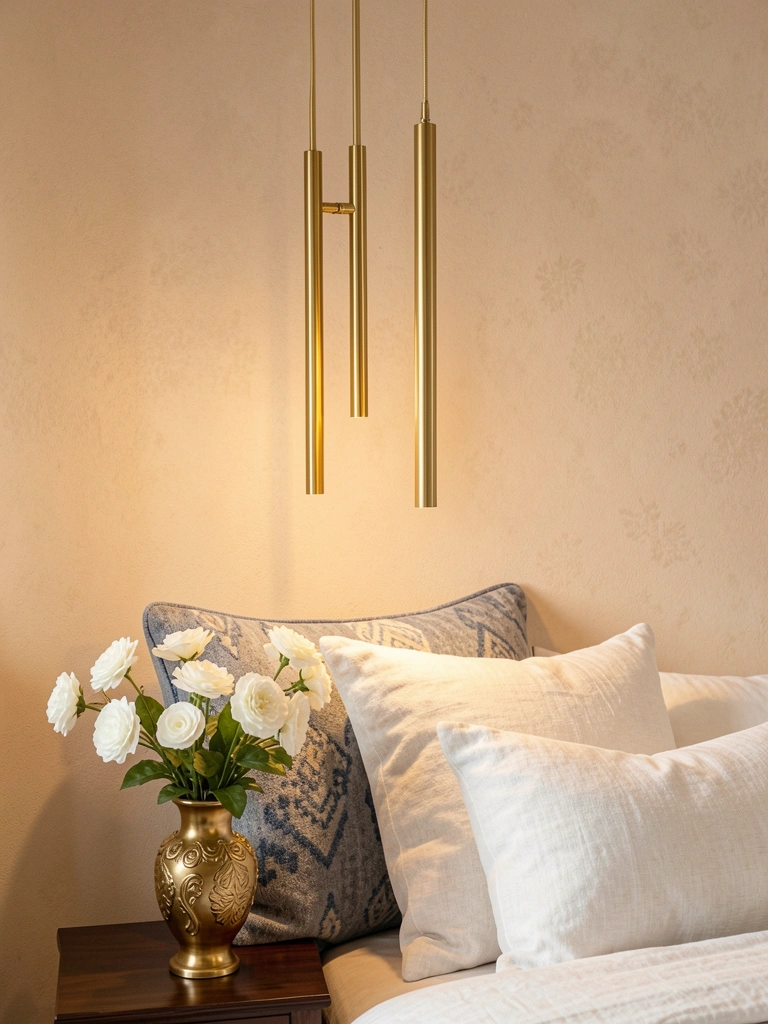 Luminária pendente dourada com dois tubos alongados sobre almofada listrada cinza e azul em cama, vaso dourado com flores brancas ao lado, parede bege texturizada.