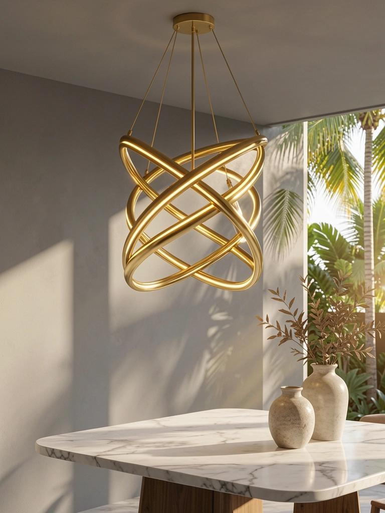 Luminária pendente de três anéis dourados entrelaçados sobre mesa de mármore com vaso decorativo, parede cinza ao fundo.