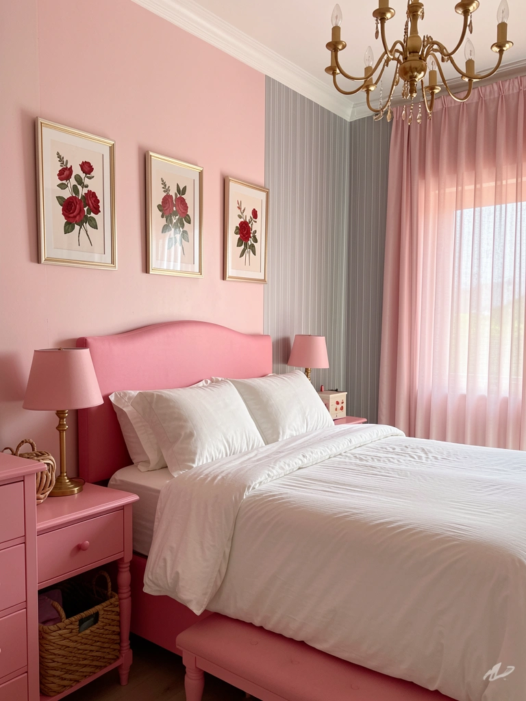 Cabeceira rosa com colcha branca fofa, mesa lateral com cesto de vime e abajur, lustre dourado e quadros botânicos de rosas vermelhas na parede rosa-claro.