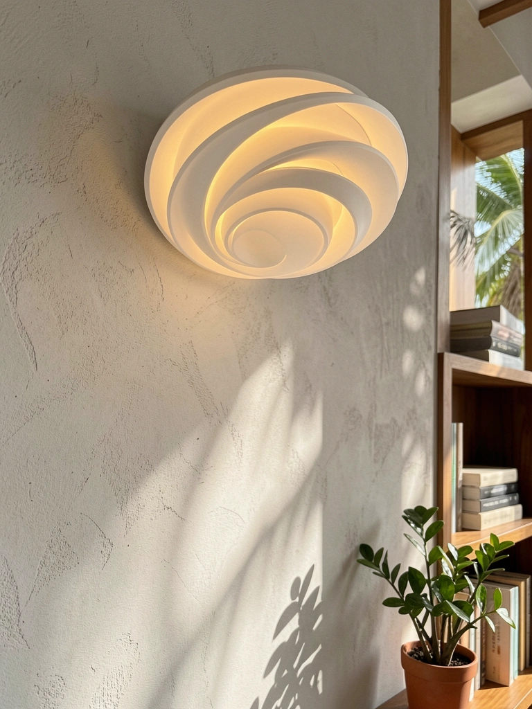 Luminária de teto branca em espiral sobre parede texturizada cinza-claro, com estante de livros e vaso de planta ao fundo.