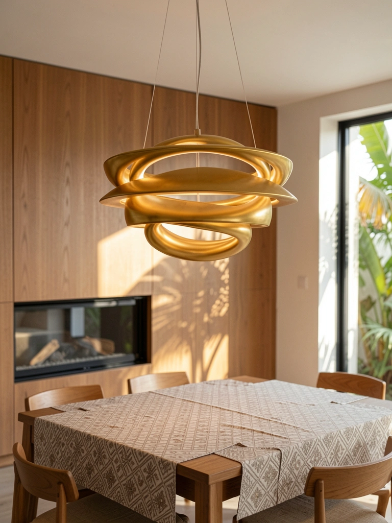Luminária pendente circular dourada de design em camadas sobre mesa de madeira com toalha estampada, painéis de madeira e lareira ao fundo.