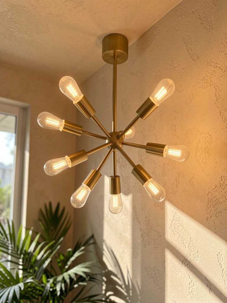 Lustre de latão escovado com seis lâmpadas LED em padrão starburst sobre parede texturizada bege, luz suave e planta ao fundo.