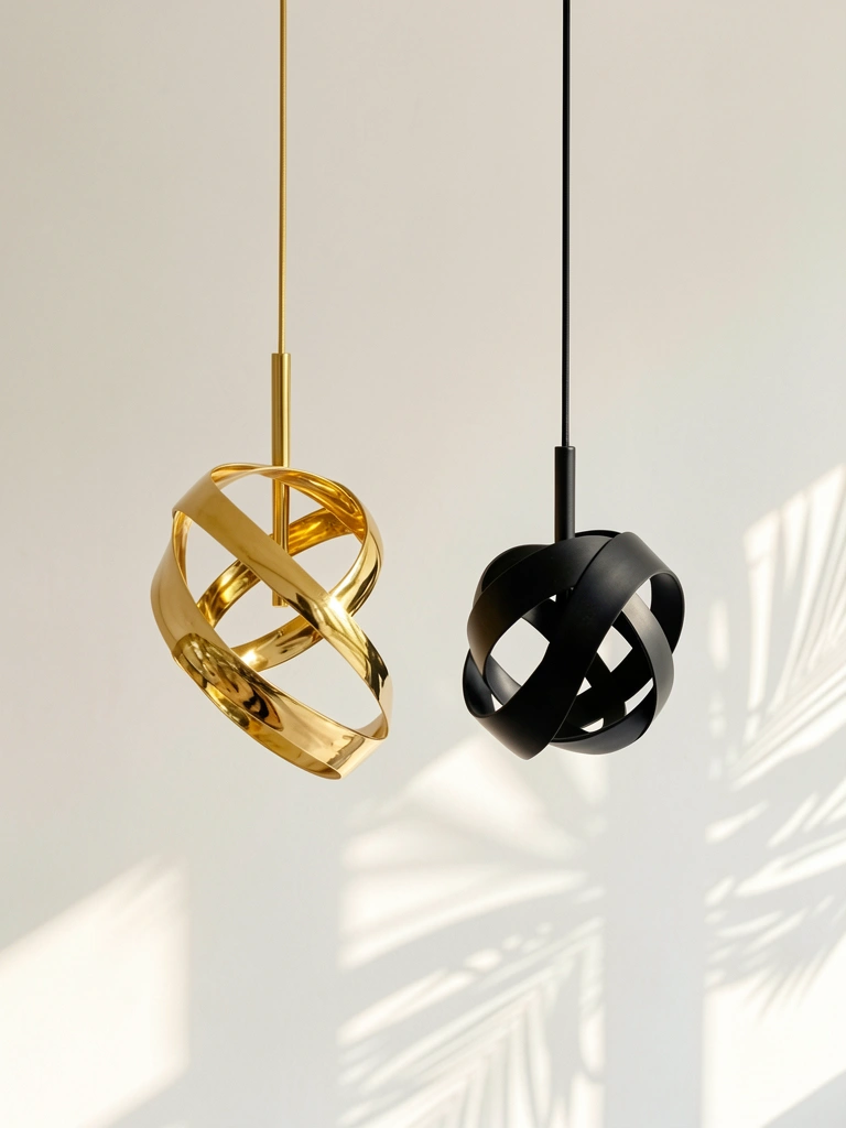 Luminárias pendentes dourada e preta penduradas em cabos finos contra fundo branco, com luz natural criando sombras suaves.