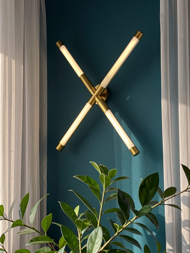 Luminária linear de LED com tubos dourados sobre parede azul-petróleo texturizada, planta verde no primeiro plano e cortina cinza clara ao fundo.