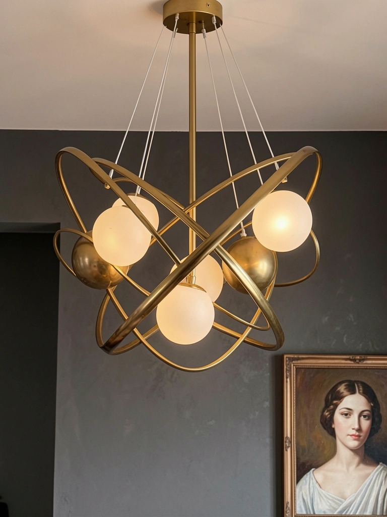Lustre dourado moderno com anéis orbitais e globos de vidro fosco pendurado por cabos brancos, parede cinza escura texturizada e pintura de retrato feminino no canto inferior direito, iluminação difusa quente.