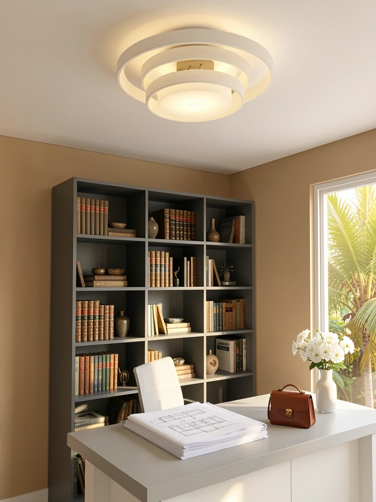 Três luminárias circulares em arranjo floral no teto branco, estante cinza-escura com livros e objetos, mesa clara com desenhos e bolsa marrom, luz natural.