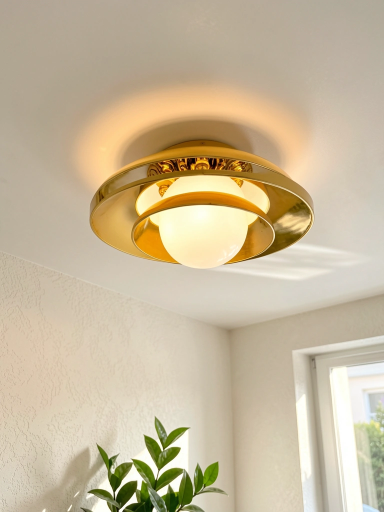 Lustre dourado com três círculos concêntricos sobre parede texturizada off-white, planta verde no canto e luz natural de janela.