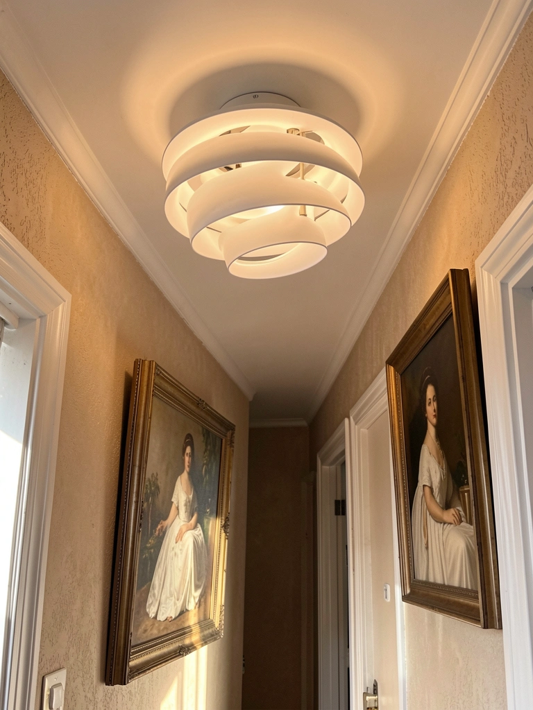 Luminária circular branca com design em camadas espirais, parede bege texturizada, retrato clássico e luz natural entrando pelo corredor.