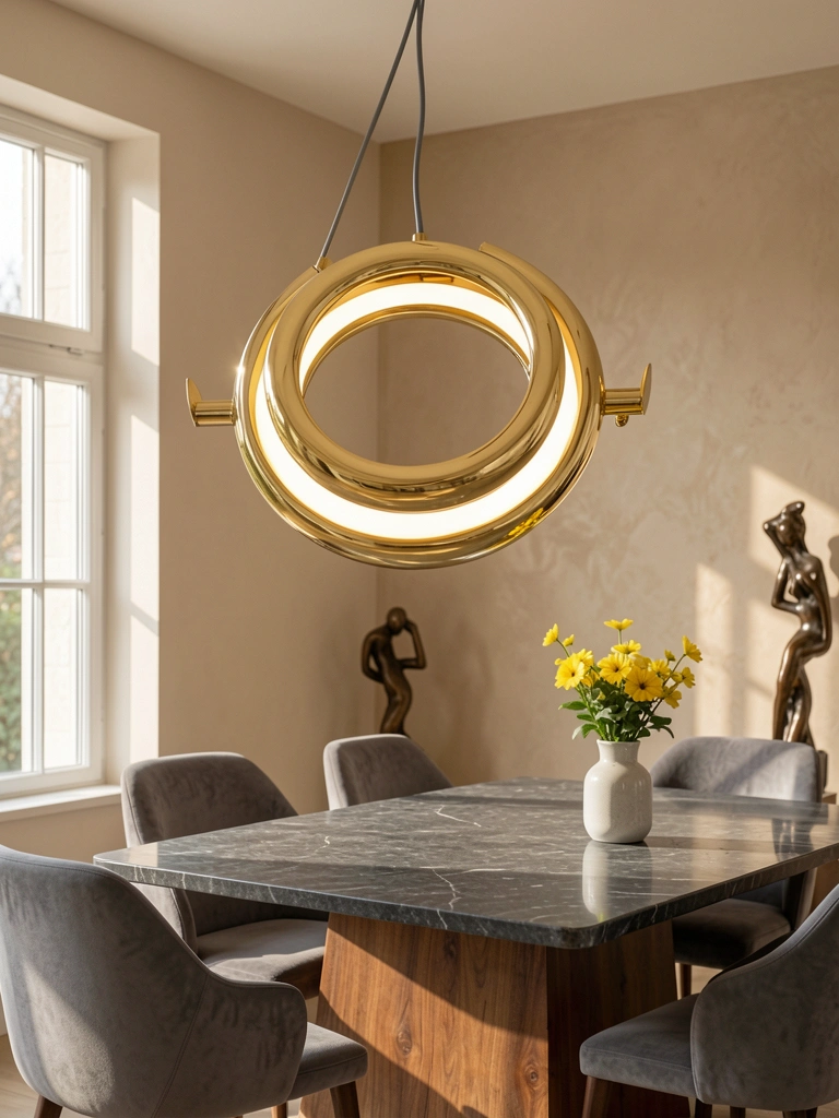 Lustre moderno em anel dourado com interior branco luminoso, pendurado por cabo cinza escuro sobre mesa de mármore cinza com base de madeira, cadeira estofada cinza e vaso com flores amarelas, luz natural entrando por janela.