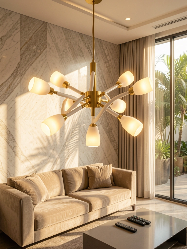 Lustre dourado com seis lâmpadas LED e braços brancos, suspenso em lobby com parede de mármore texturizado e sofá bege.