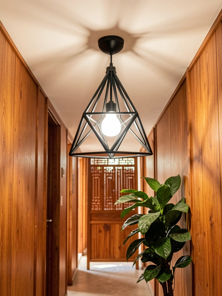 Luminária pendente preta de design geométrico triangular com núcleo branco iluminado, parede de madeira clara e planta verde ao lado.