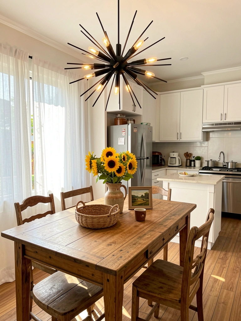 Lustre preto starburst sobre mesa rústica de madeira com cesta, jarro de girassóis e pintura emoldurada, cozinha clara com janela e cortinas brancas.