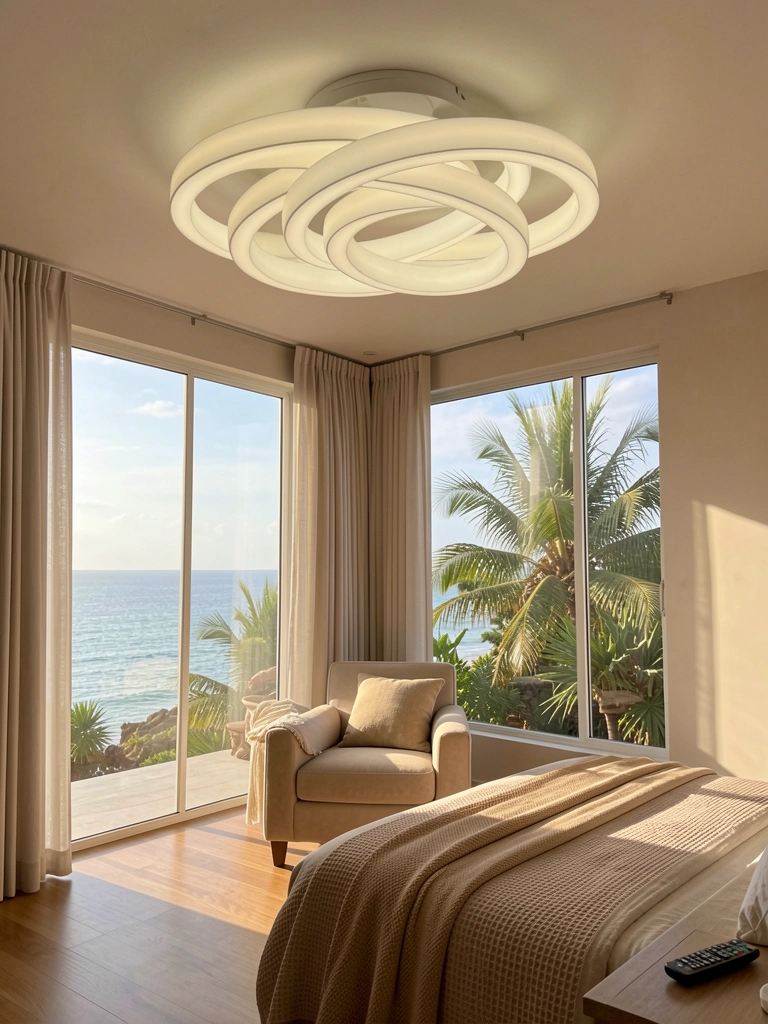 Lustre circular LED branco fosco em espiral sobre cama e poltrona, vista de janela para paisagem costeira, luz natural.