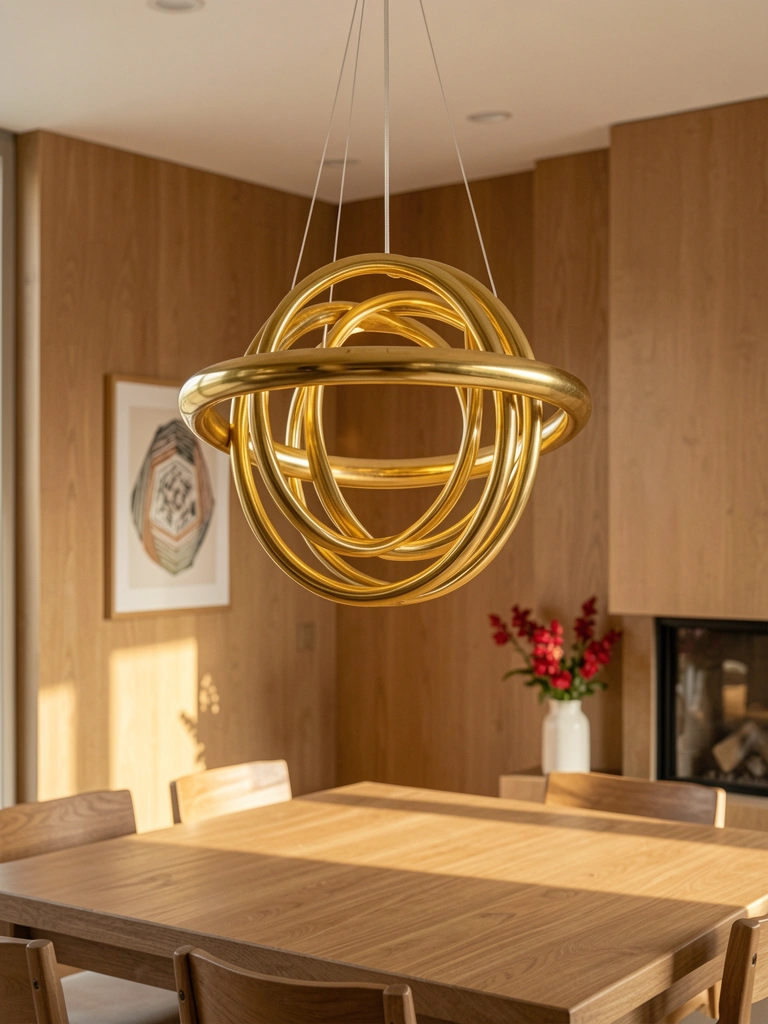 Lustre dourado de anéis concêntricos suspenso por cabo fino, luz natural suave refletindo em parede de madeira e lareira com vaso de flores vermelhas.