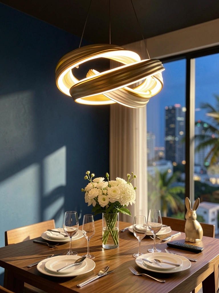 Luminária pendente circular tripla com curvas iluminadas em dourado e branco sobre mesa de madeira com pratos brancos, taças e vaso de flores brancas, parede azul escura e vista noturna da cidade ao fundo.