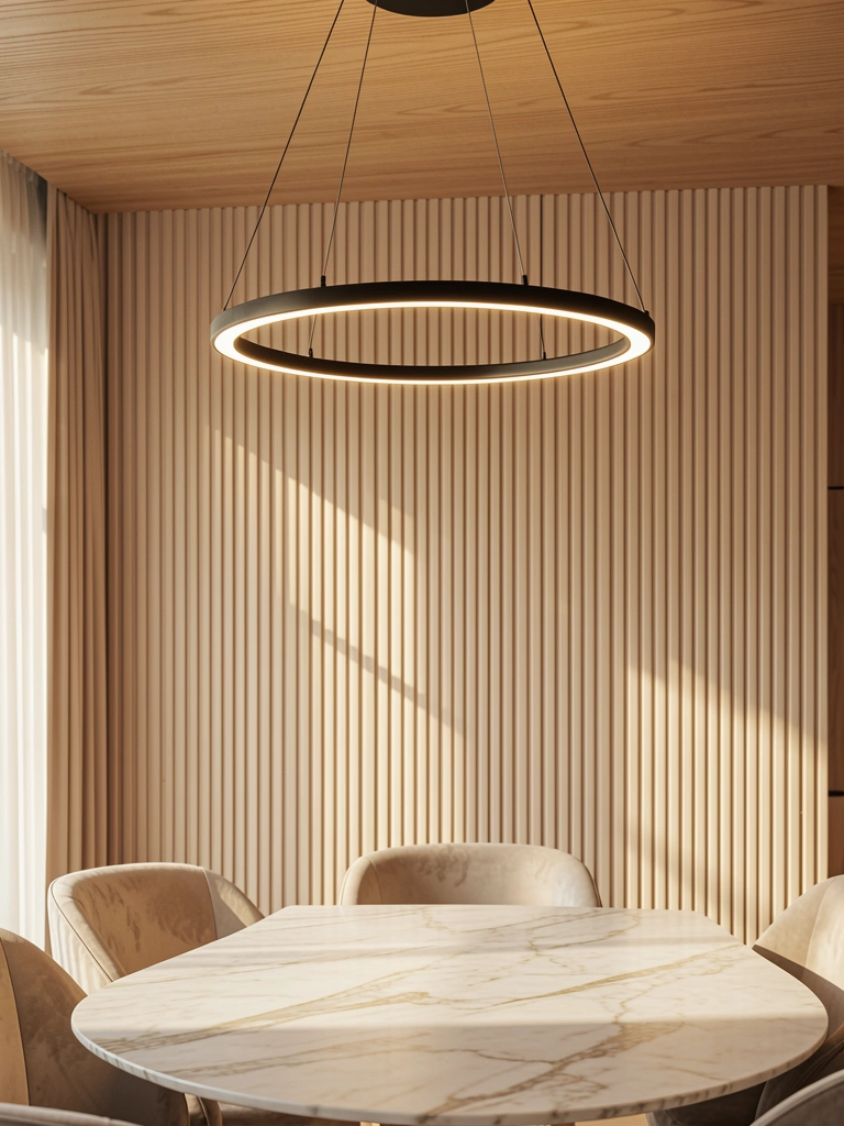 Luminária pendente LED de estrutura preta suspensa por teto de madeira clara, mesa de mármore e cadeiras estofadas, painéis verticais claros ao fundo, luz natural suave.