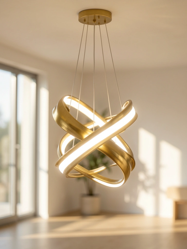 Luminária pendente LED dourada com design em espiral, suspensa por cabos finos, brilho intenso e luz natural entrando pela janela.