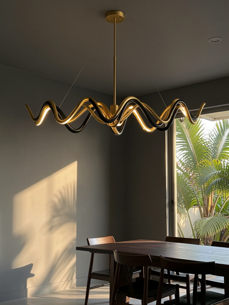 Lustre moderno dourado e preto com braços ondulados pendente de teto cinza escuro, mesa de madeira escura ao fundo, luz natural filtrada por janela.
