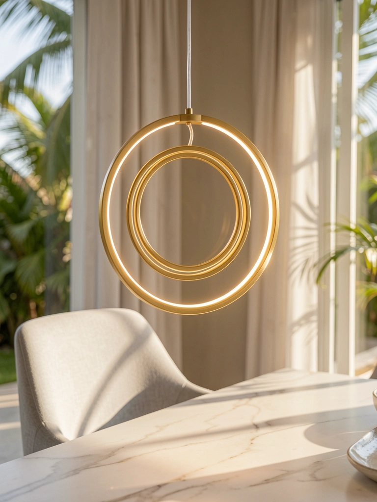 Luminária pendente circular dourada com anel interno, cabo transparente, sobre mesa de mármore com cadeira estofada cinza claro.