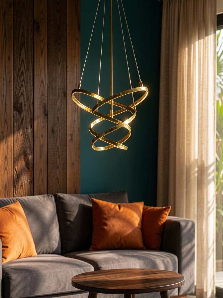 Lustre dourado compacto com anéis giratórios pendurado por cabos finos contra parede verde-escura e painel de madeira texturizado.