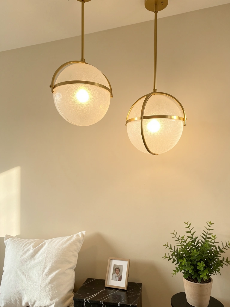 Pendentes esféricos dourados com vidro fosco, luz quente sobre parede bege, vaso de planta verde no canto e mesa lateral de mármore escuro com almofada e moldura.
