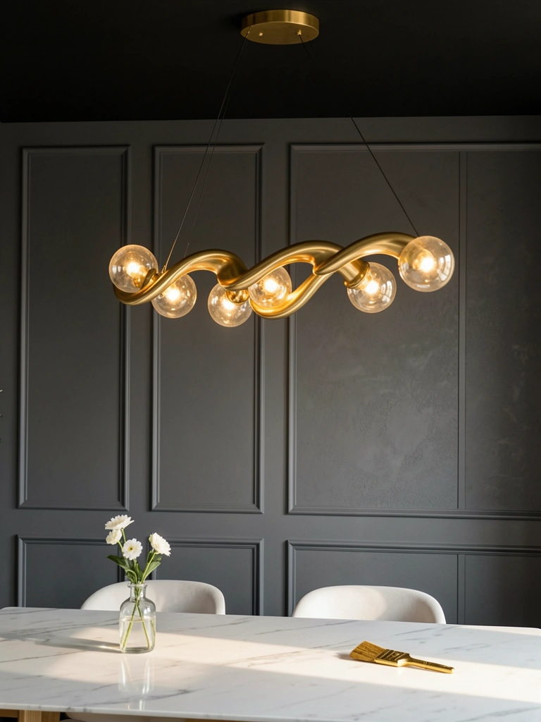 Luminária pendente dourada com design ondulado e lâmpadas esféricas, mesa de mármore branco com vaso de flores e pincel dourado, parede cinza escura texturizada.