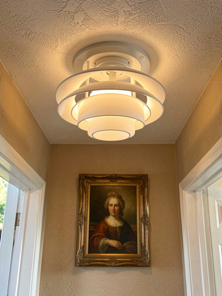 Luminária circular branca de três camadas com design espiralado, pendente em hall, iluminando parede bege texturizada e retrato ornamentado.