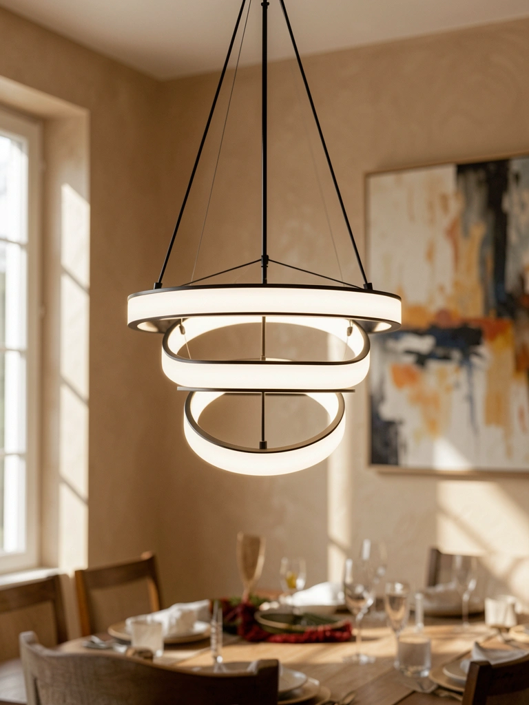 Lustre de três anéis brancos iluminados suspenso por cabos pretos, parede texturizada bege e pintura abstrata ao fundo, luz natural suave.