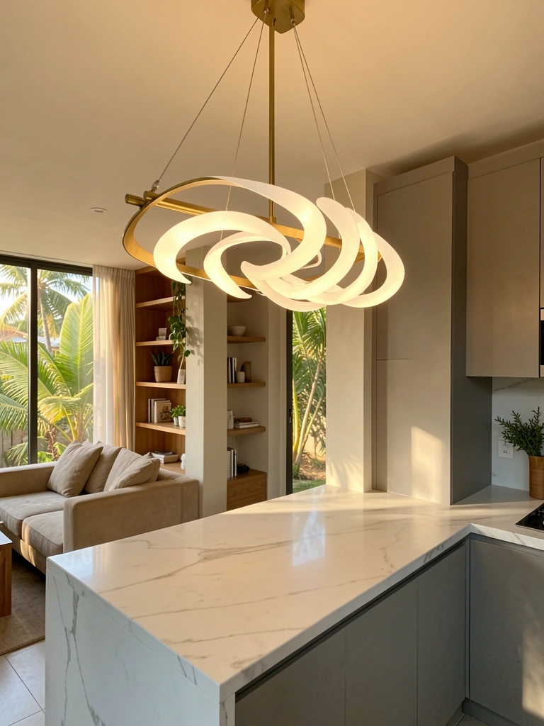 Luminária pendente linear dourada com design de acrílico iluminado sobre bancada de mármore branco e armário cinza, sofá bege ao fundo.
