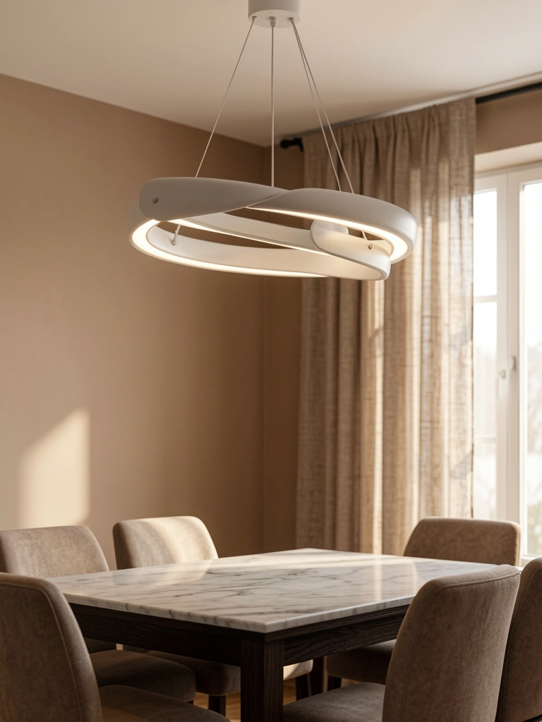 Lustre minimalista branco com design de anel ajustável pendente sobre mesa de madeira escura com tampo de mármore, luz suave e cortina bege texturizada ao fundo.