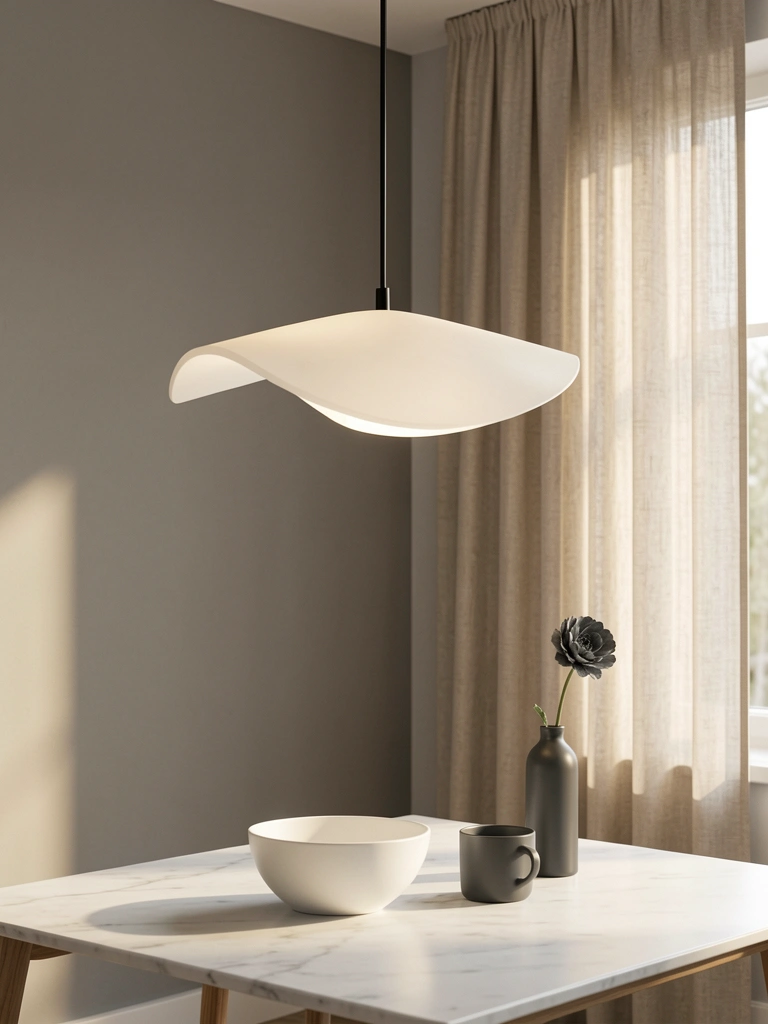 Luminária pendente branca de acrílico sobre mesa de mármore com tigela, xícara e vaso cinza-escuro, luz natural difusa.