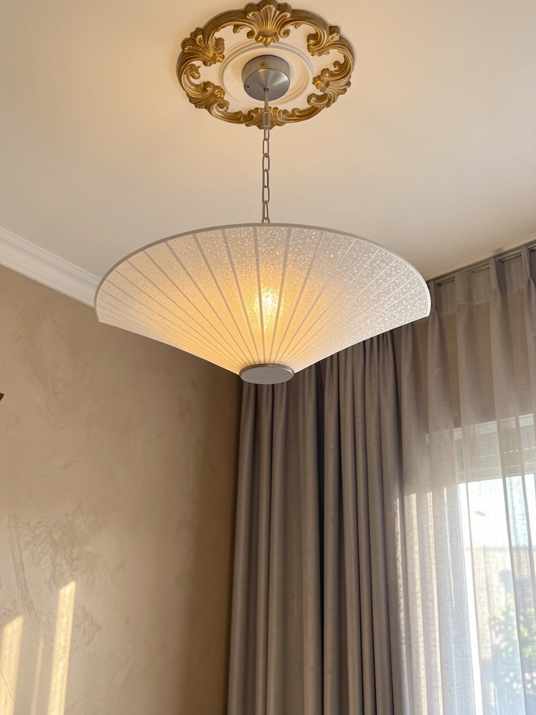 Luminária pendente com cúpula em leque de material branco perolado, corrente prateada, parede texturizada bege e cortinas cinza neutras do chão ao teto sob luz natural difusa.