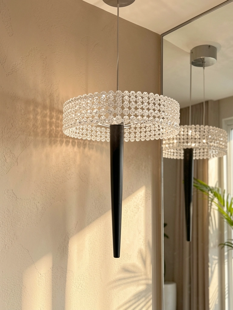 Lustre de cristal branco com base preta alongada pendurado em parede texturizada bege, refletido em espelho, luz natural suave.