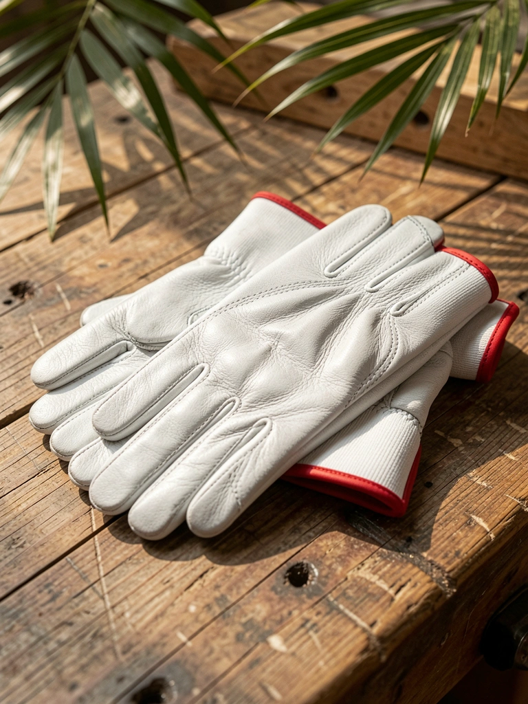 Luvas de couro branco com punho listrado vermelho e costura aparente sobre bancada de madeira gasta, luz natural e folha de palmeira ao fundo.