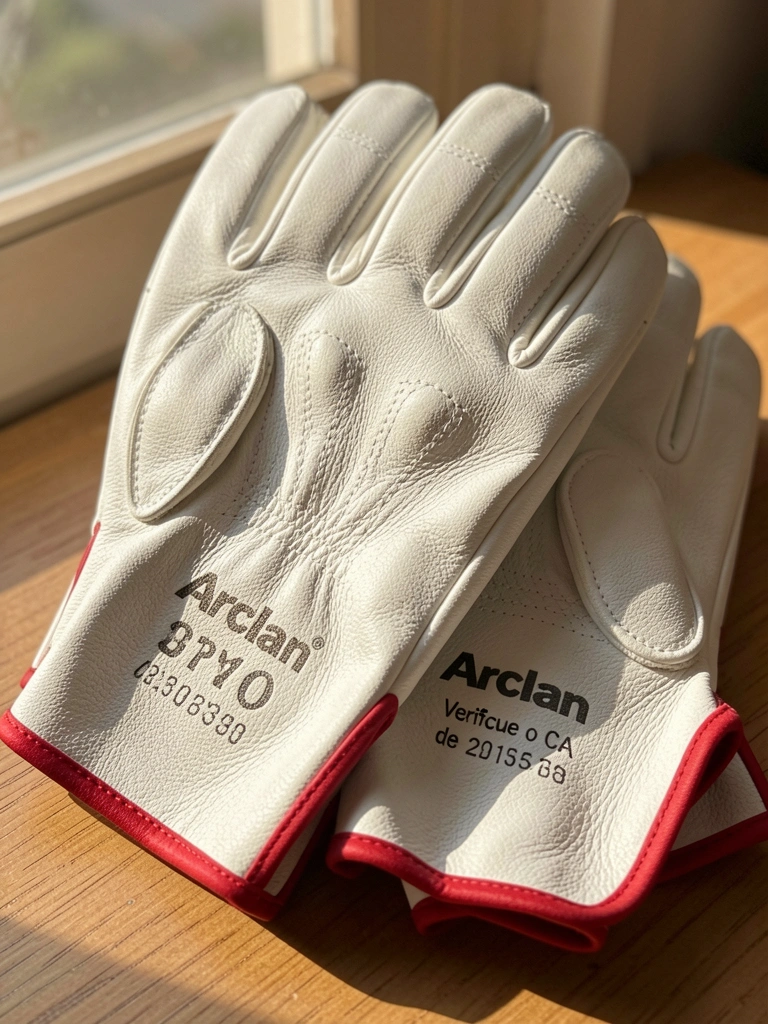 Luvas de couro branco com detalhes em vermelho e costuras aparentes, sobreposição leve, luz natural aquecendo a cena.