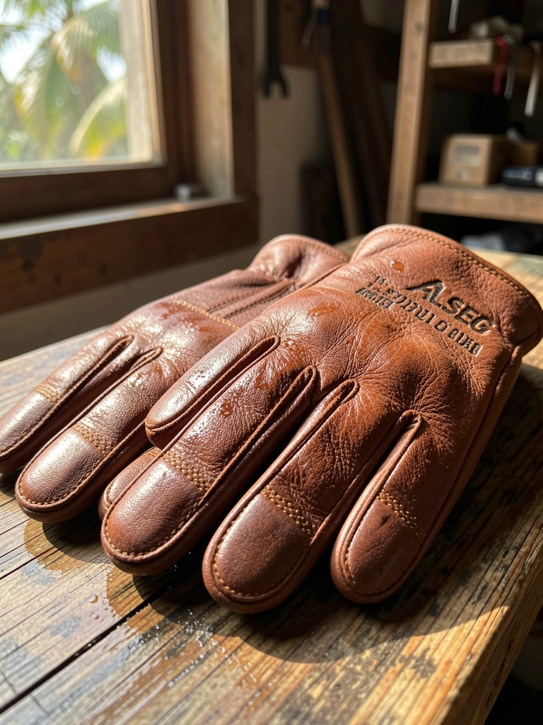 Luvas de couro marrom com costuras aparentes e logotipo ALSEG, levemente úmidas, sobre superfície de madeira desgastada, luz natural filtrada.