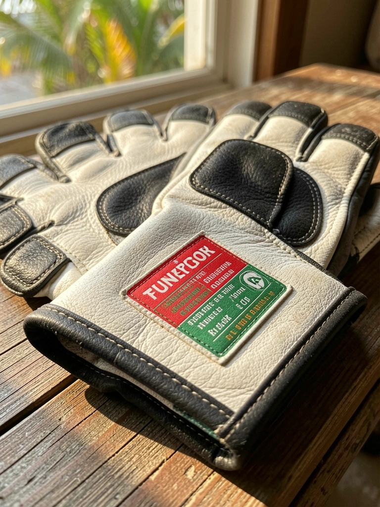 Luvas de couro branco com palmas pretas e etiqueta vermelha e verde sobre madeira desgastada, luz natural tropical.