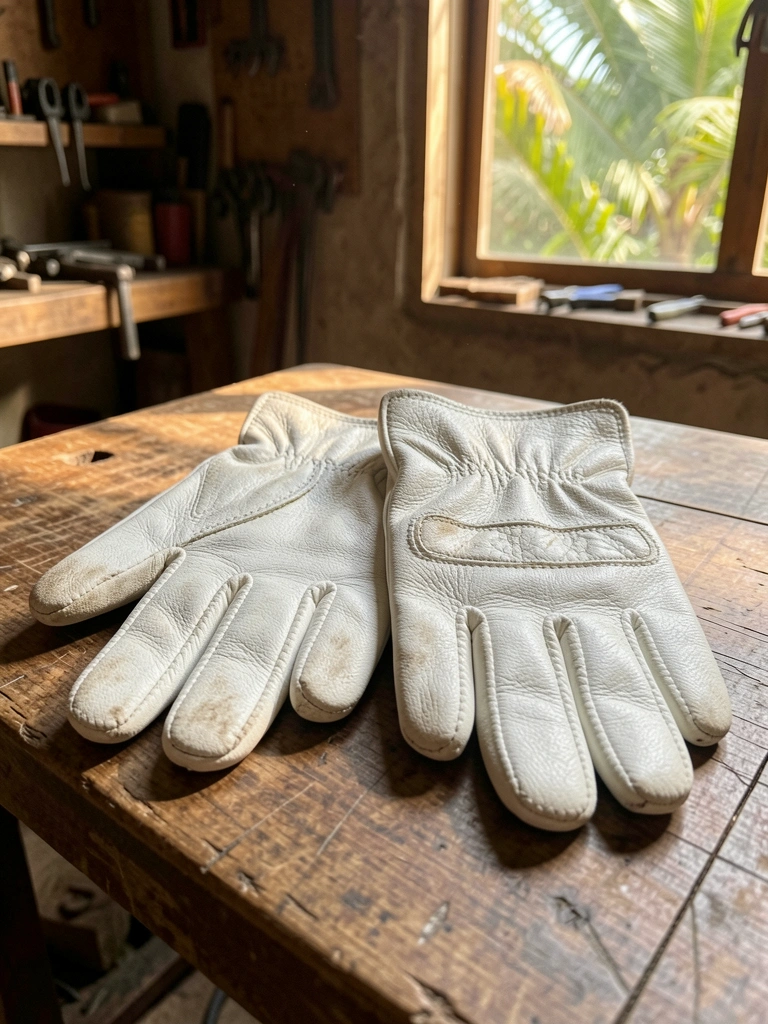 Luvas de couro branco com costuras detalhadas sobre madeira desgastada, luz natural suave e fundo levemente desfocado.