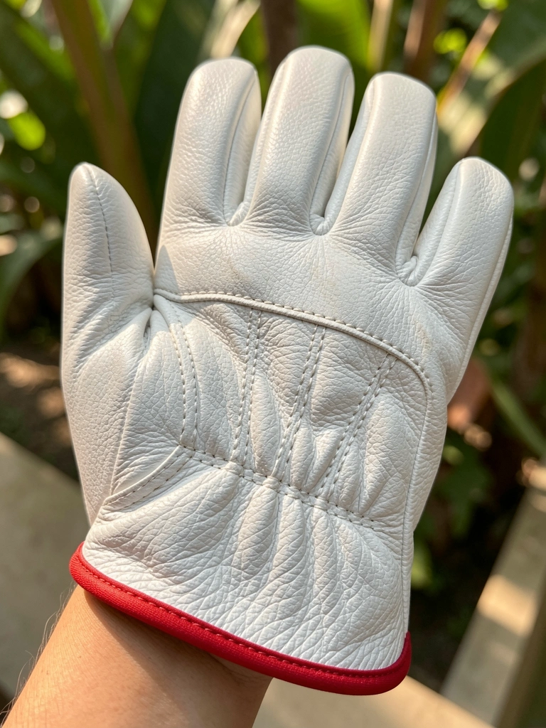 Detalhe de luva de couro branco com punho vermelho, textura granulada e costuras visíveis, segurada por mão sob luz natural suave.