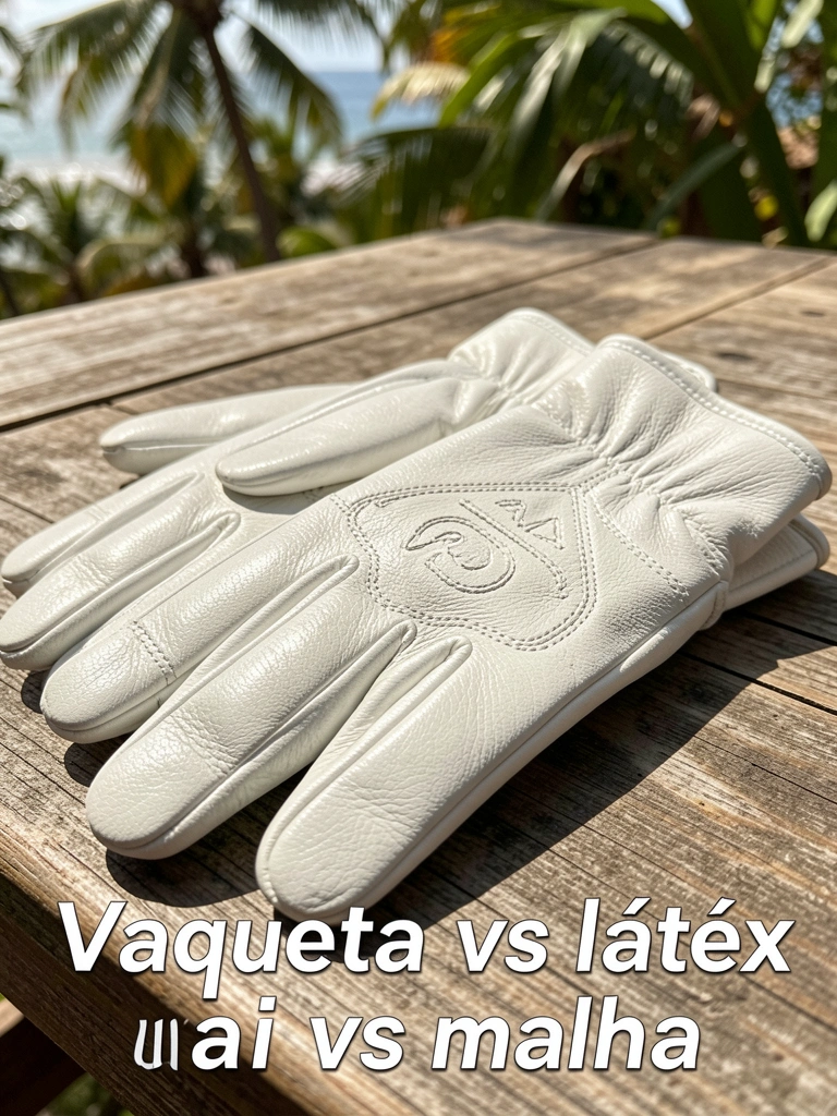 Luvas de couro branco com costuras detalhadas e logotipo sobre madeira desgastada, luz natural intensa.