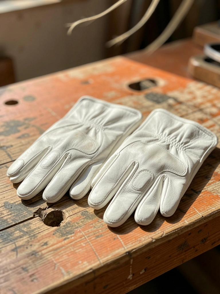 Luvas de couro branco GABI LUVAS CA 12230 sobre bancada de madeira desgastada, luz natural com sombras suaves e fundo levemente desfocado.