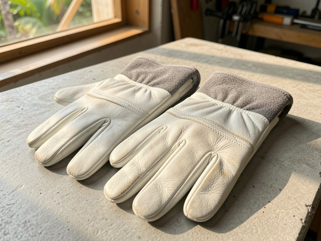 Luvas de couro branco com punho de camurça cinza sobre concreto claro, luz natural e fundo de oficina desfocado.
