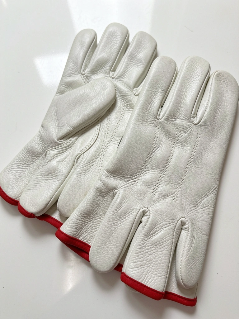 Luvas de couro branco com detalhes vermelhos nos punhos, costuras aparentes e dobras do material, sobre superfície branca refletiva com luz difusa.