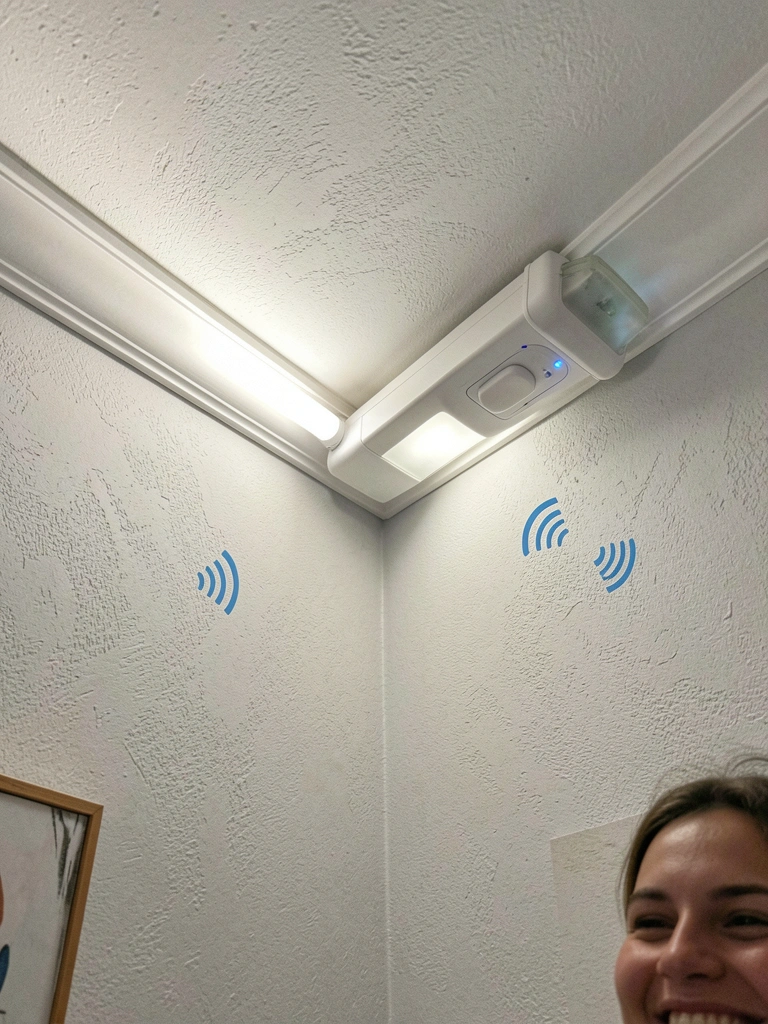 Fita de LED acesa em sanca de gesso na sala, iluminando o ambiente de forma suave.